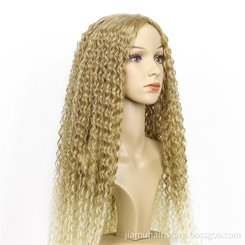 Natural Blonde Glueless Heat Resistant Wave Hair Wigs Long Kinky Curly Synthetic Brazilian Hair Wig